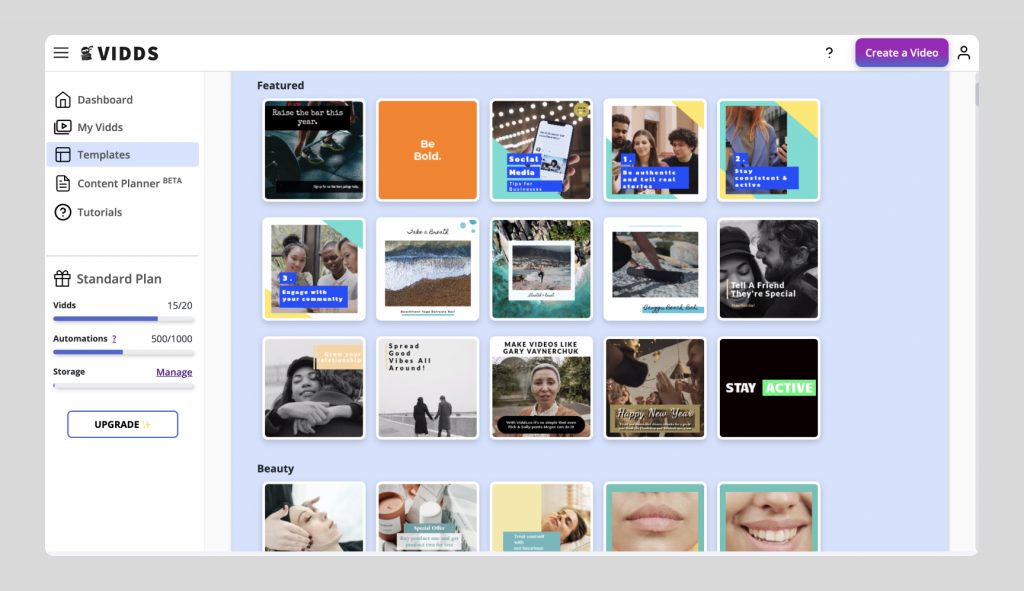 Vidds dashboard Templates Page